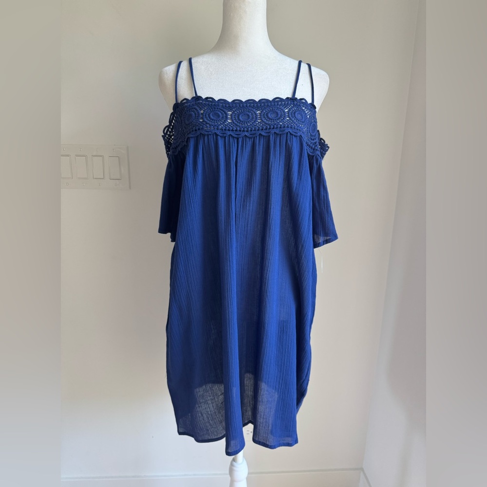La Blanca crochet detail swimsuit coverup tunic dress navy blue‎ small/medium